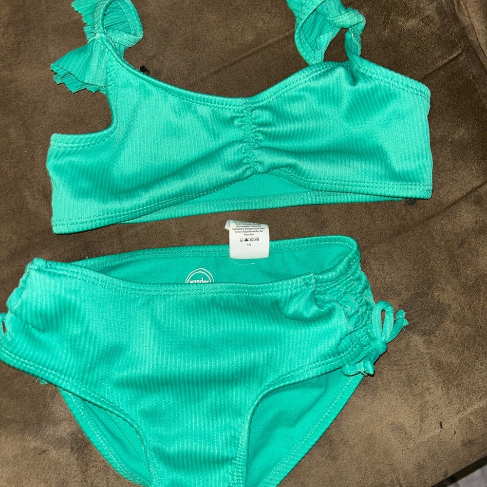 Girls Green Bikini Set with Ruffle Straps